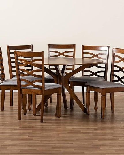 Baxton Studio Mila Modern and Contemporary Grey Fabric Upholstered and Walnut Brown Finished Wood 7-Piece Dining Set - LeafyLoom