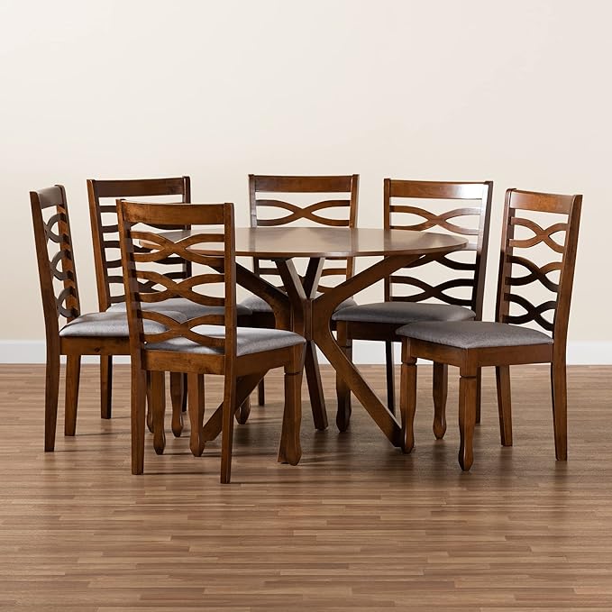 Baxton Studio Mila Modern and Contemporary Grey Fabric Upholstered and Walnut Brown Finished Wood 7-Piece Dining Set - LeafyLoom