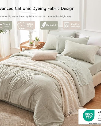 UNILIBRA 7-Piece Queen Comforter Set - Sage Green Cationic Dyeing Bedding Set with Comforter, Sheets, Pillowcases & Shams - LeafyLoom