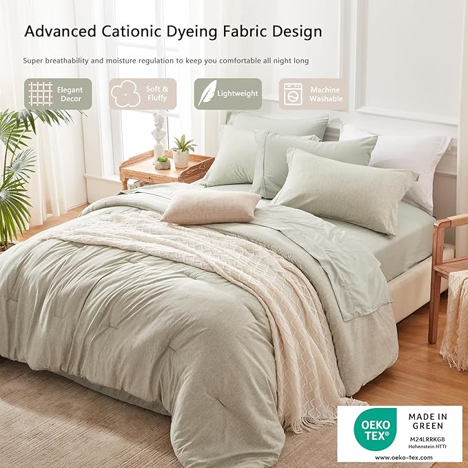 UNILIBRA Twin XL Comforter Set 5 Pieces Bed in a Bag Twin xl Size Sage Green Soft for All Seasons - Cationic Dyeing Bedding Comforter Sets with Comforter, Flat Sheet, Fitted Sheet, Pillowcases & Shams - LeafyLoom