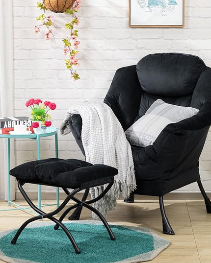 HollyHOME Modern Fabric Large Lazy Chair, Accent Oversized Comfy Reading Chair, Thick Padded Cozy Lounge Chair with Armrest, Steel Frame Leisure Sofa Chair for Living Room, Bedroom, Dorm, Black - LeafyLoom