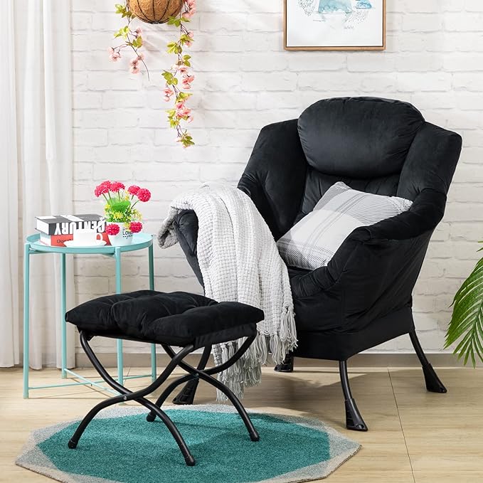 HollyHOME Modern Fabric Large Lazy Chair, Accent Oversized Comfy Reading Chair, Thick Padded Cozy Lounge Chair with Armrest, Steel Frame Leisure Sofa Chair for Living Room, Bedroom, Dorm, Black - LeafyLoom