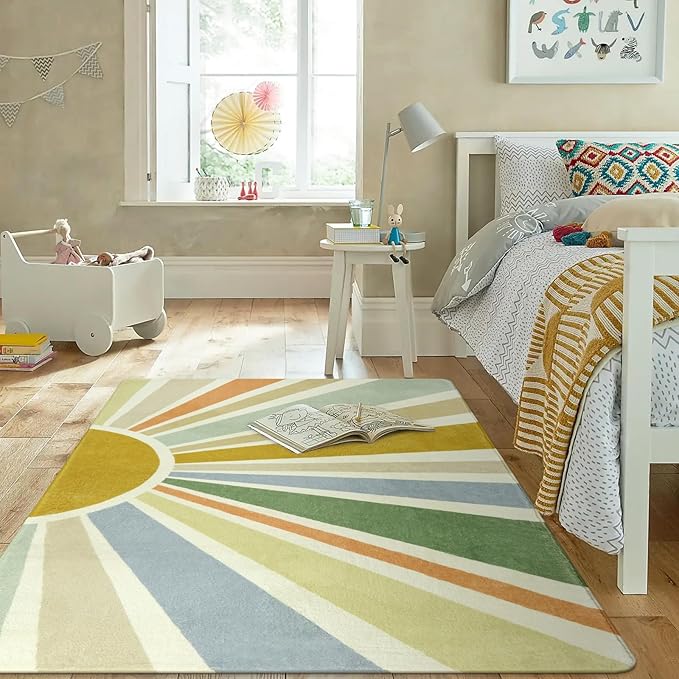 Kids Rugs for Playroom 5'x7' Rug, Boho Washable Area Rug for Kids Room, Rainbow Kids Nursery Rug Non-Slip Sunshine Carpet Soft Colorful Rug for Classroom Office Dining Room - LeafyLoom