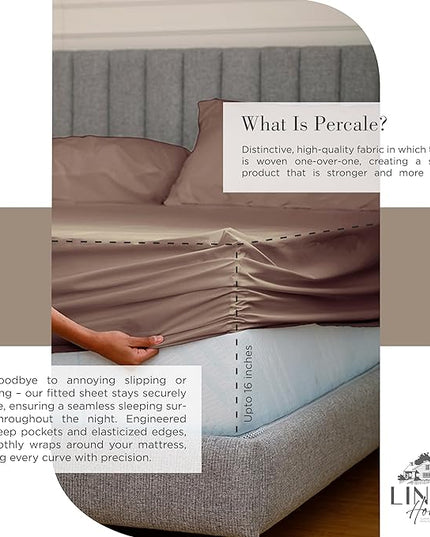 100% Cotton Percale Sheets Twin XL Size, Taupe, Deep Pocket, 4 Pieces Sheet Set - 1 Flat, 1 Deep Pocket Fitted Sheet and 2 Pillowcases, Crisp Cool and Strong Bed Linen - LeafyLoom
