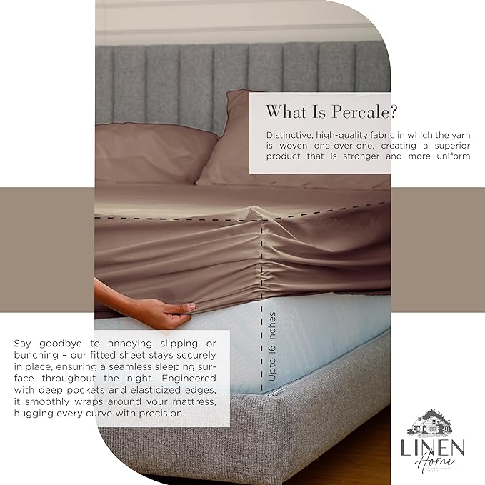 100% Cotton Percale Sheets Twin Size, Taupe, Deep Pocket, 3 Pieces Sheet Set - 1 Flat, 1 Deep Pocket Fitted Sheet and 1 Pillowcase, Crisp Cool and Strong Bed Linen - LeafyLoom