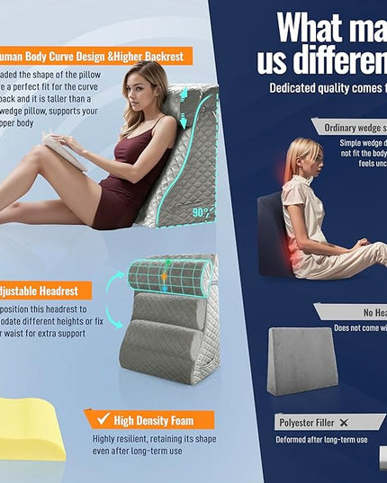 Reading Pillows for Sitting in Bed Adult Back Pillow for Bed Sitting Up, Back Support Pillow for Bed with Adjustable Roller, Foam Wedge Pillow for Neck, Lumbar, Back, Gray, 20 * 12 * 26IN - LeafyLoom