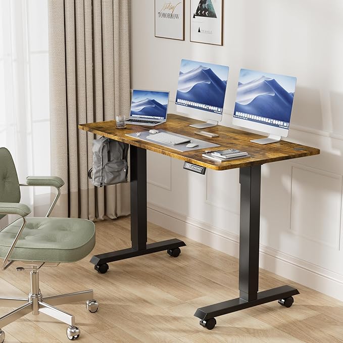 Electric Standing Desk 48 Inch, Ergonomic Height Adjustable Table with T-Shaped Metal Bracket Modern Computer Workstations for Home Office, Rustic Brown, 48 x 24 Inch - LeafyLoom