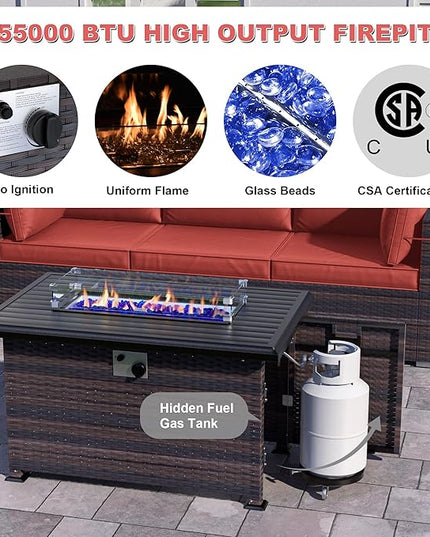 Patio Furniture Sectional Sofa 10 Pieces PE Rattan Patio Conversation Set w/43in Gas Fire Pit Table, Outdoor Furniture with 55000 BTU Propane Fire Pit, Red - LeafyLoom