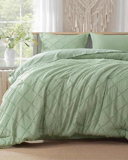 Boho Sage Green Comforter Set with Jacquard Tufted Design,Shabby Chic Bedding Sets for All Seasons,5 Pieces Twin Dorm Bed in a Bag Comforter,Flat Sheet,Fitted Sheet,Pillowcases & Shams - LeafyLoom