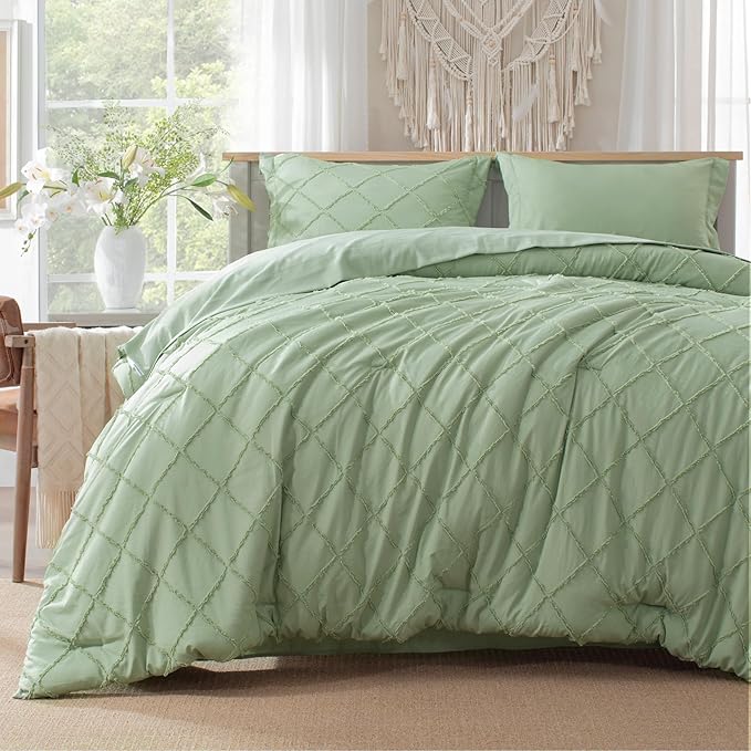 Boho Sage Green Comforter Set with Jacquard Tufted Design,Shabby Chic Bedding Sets for All Seasons,5 Pieces Twin Dorm Bed in a Bag Comforter,Flat Sheet,Fitted Sheet,Pillowcases & Shams - LeafyLoom