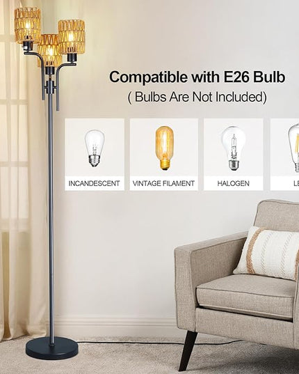 Ganeed Floor Lamps for Living Room,3 Lights Rattan Standing Tall Lamp with Foot Switch,360°Rotation Black Modern Woven Standing Floor Lamp for Bedroom Office - LeafyLoom