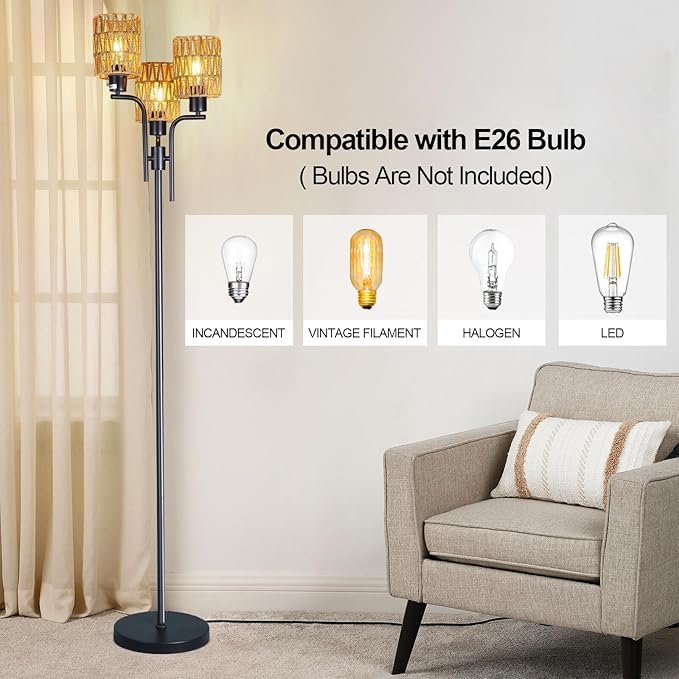 Ganeed Floor Lamps for Living Room,3 Lights Rattan Standing Tall Lamp with Foot Switch,360°Rotation Black Modern Woven Standing Floor Lamp for Bedroom Office - LeafyLoom