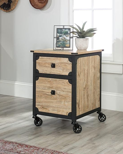 Sauder Steel River L-Shaped Desk, L: 59.84" x W: 57.32" x H: 29.53", Milled Mesquite Finish & Steel River Pedestal File Cabinet, L: 20.87" x W: 23.86" x H: 26.58", Milled Mesquite Finish - LeafyLoom