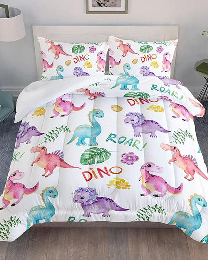 Cartoon Dinosaur Comforter Set Twin 3Pc Kawaii Dinosaur Bedding Set All Season with Tree, Leaf Decoration includes 1 Comforter, 2 Pillowcases for Kids Girls Teens - LeafyLoom