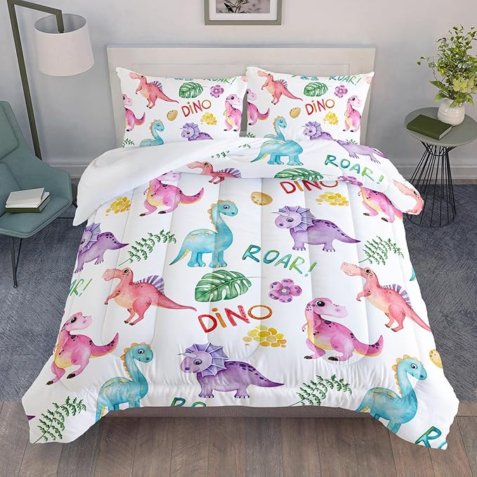 Cartoon Dinosaur Comforter Set Twin 3Pc Kawaii Dinosaur Bedding Set All Season with Tree, Leaf Decoration includes 1 Comforter, 2 Pillowcases for Kids Girls Teens - LeafyLoom
