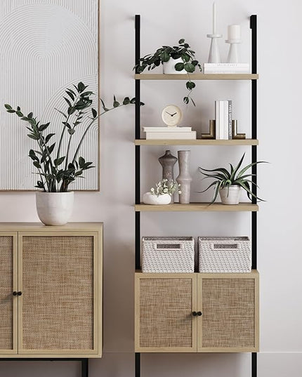 Nathan James Theo Ladder 3 tier Open Bookshelf with Rattan Drawers and Matte Steel Frame, Light Oak/Black - LeafyLoom