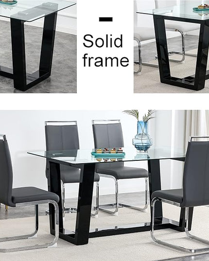 NicBex 63Inch Rectangular Dining Table,Modern Kitchen Table with Tempered Glass Tabletop and Black MDF Trapezoid Bracket for 6 to 8,Large Dining Room Table for Kitchen,Meeting Living Room,Black - LeafyLoom