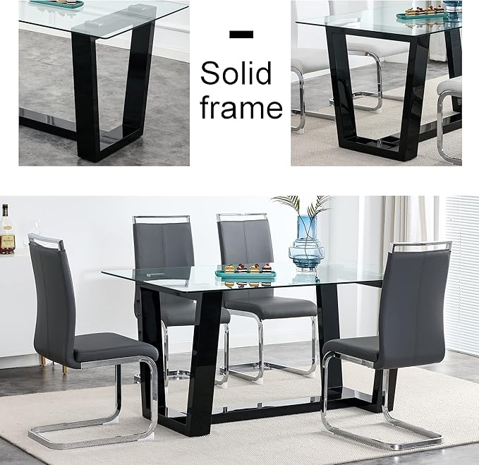 NicBex 63Inch Rectangular Dining Table,Modern Kitchen Table with Tempered Glass Tabletop and Black MDF Trapezoid Bracket for 6 to 8,Large Dining Room Table for Kitchen,Meeting Living Room,Black - LeafyLoom