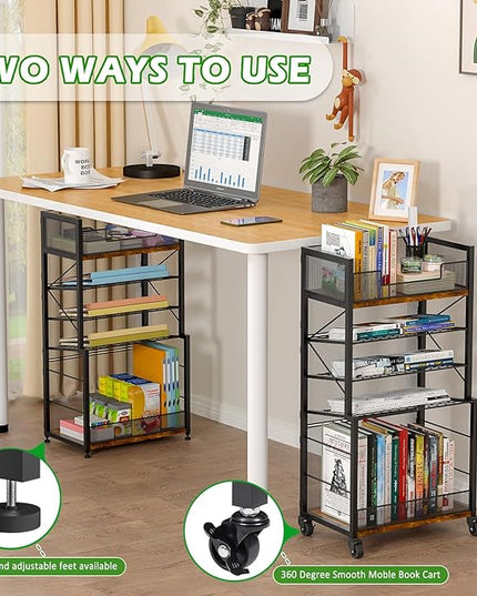 Heyexiha 5 Tier Book Shelf with Sliding Trays, Metal & Wooden Bookcase, Durable Rolling Book Cart, Book Shelf with Wheels, Small Book Shelf Storage Bookcase for Living Room, Bedroom, and Home Office - LeafyLoom