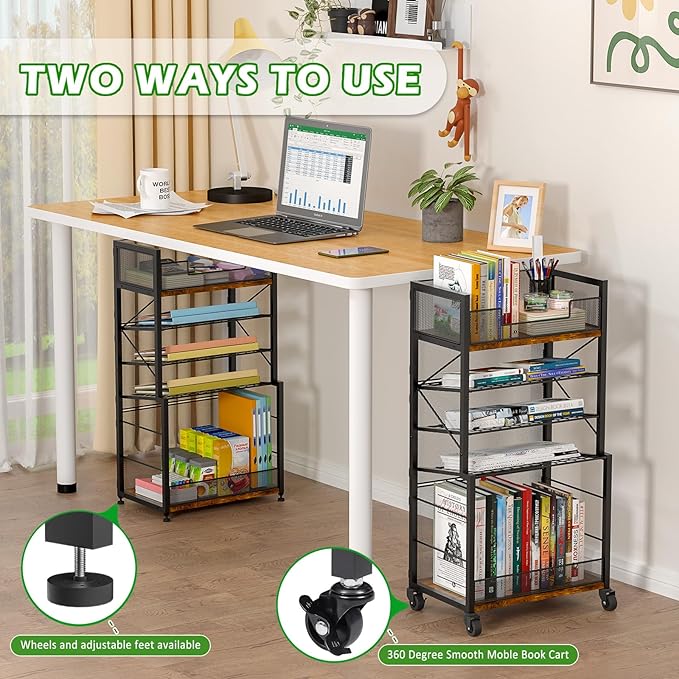 Heyexiha 5 Tier Book Shelf with Sliding Trays, Metal & Wooden Bookcase, Durable Rolling Book Cart, Book Shelf with Wheels, Small Book Shelf Storage Bookcase for Living Room, Bedroom, and Home Office - LeafyLoom