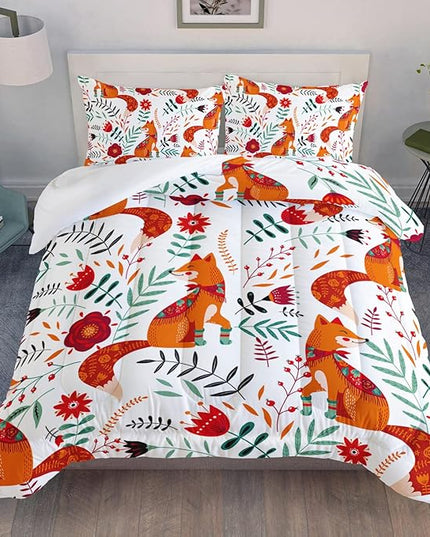Cartoon Fox Comforter Set 3-Pieces Cute Fox Bedding Set Plants Leaves Printed Quilt Set for Kids Boys Girls with 2 Pillowcases Full - LeafyLoom