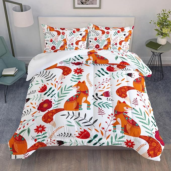 Cartoon Fox Comforter Set 3-Pieces Cute Fox Bedding Set Plants Leaves Printed Quilt Set for Kids Boys Girls with 2 Pillowcases Full - LeafyLoom