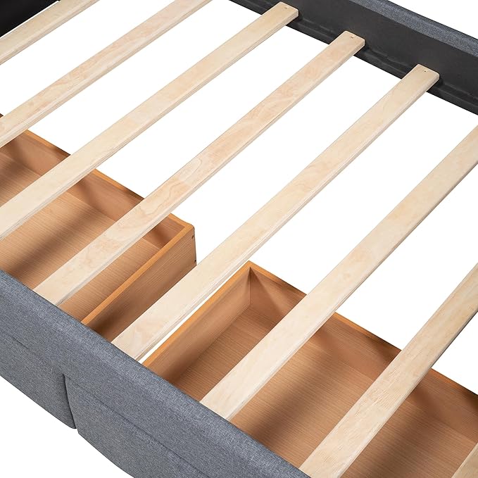 Twin Size Upholstered Daybed with Two Storage Drawers, Tufted Bed w/Nailhead Trim and Wood Slat Support, for Bedroom, Living Room, Guest Room - LeafyLoom