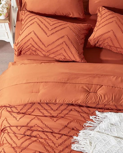 Anluoer Full Comforter Set, Burnt Orange Tufted Bed in a Bag 7 Pieces with comforters and sheets, All Season Bedding Sets with 1 Comforter, 2 PillowShams, 2 Pillowcases, 1 Flat Sheet, 1 Fitted Sheet - LeafyLoom