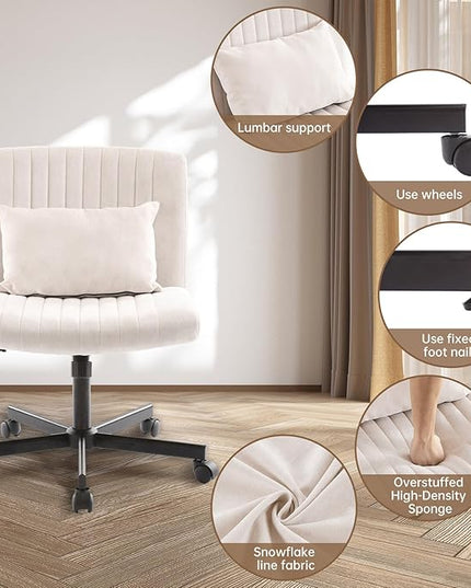 Criss Cross Armless Home Office Chair with Replaceable Wheels/Fixed Base and Lumbar Support for Living Room, Wide Seat Adjustable Legged Swivel Chair, Comfy Linen Computer Chair for Vanity, Beige - LeafyLoom
