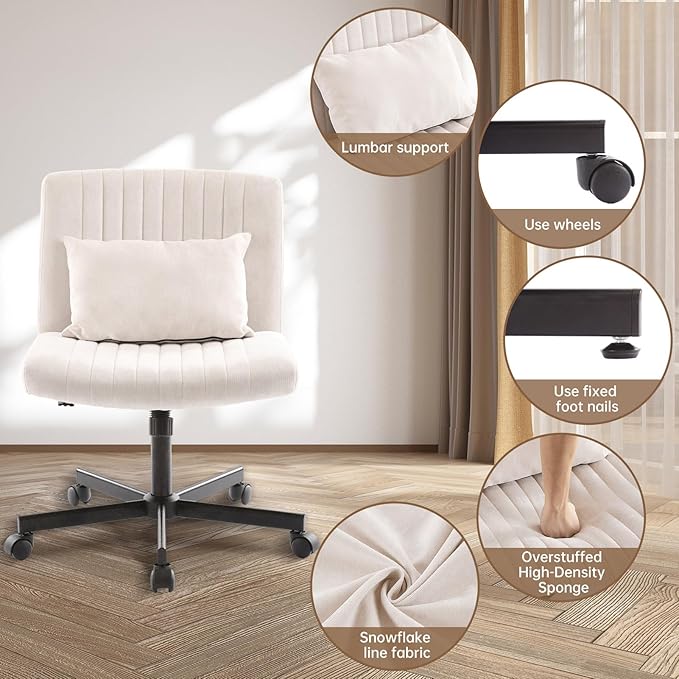 Criss Cross Armless Home Office Chair with Replaceable Wheels/Fixed Base and Lumbar Support for Living Room, Wide Seat Adjustable Legged Swivel Chair, Comfy Linen Computer Chair for Vanity, Beige - LeafyLoom