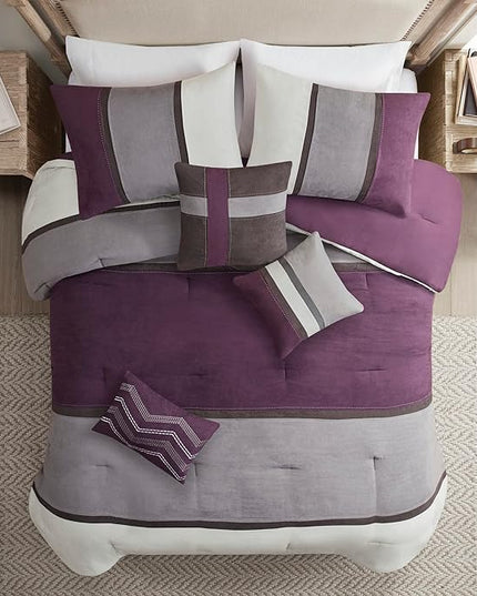 Madison Park Palisades Comforter Set Modern Faux Suede Pieced Stripe Design, All Season Down Alternative Cozy Bedding with Matching Shams, Decorative Pillows, King(104"x92"), Purple 7 Piece - LeafyLoom