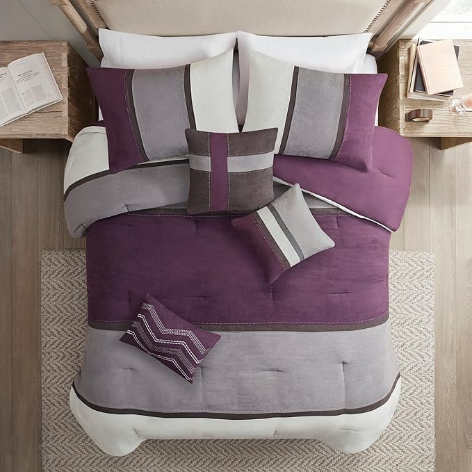 Madison Park Palisades Comforter Set Modern Faux Suede Pieced Stripe Design, All Season Down Alternative Cozy Bedding with Matching Shams, Decorative Pillows, King(104"x92"), Purple 7 Piece - LeafyLoom
