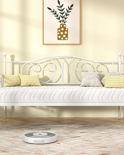 VECELO Twin Daybed Frame, Metal Day Bed with Classic Headboard, Multifunctional Platform Beds for Bedroom, Living Room, Guest Room, No Boxing Spring Needed, White - LeafyLoom