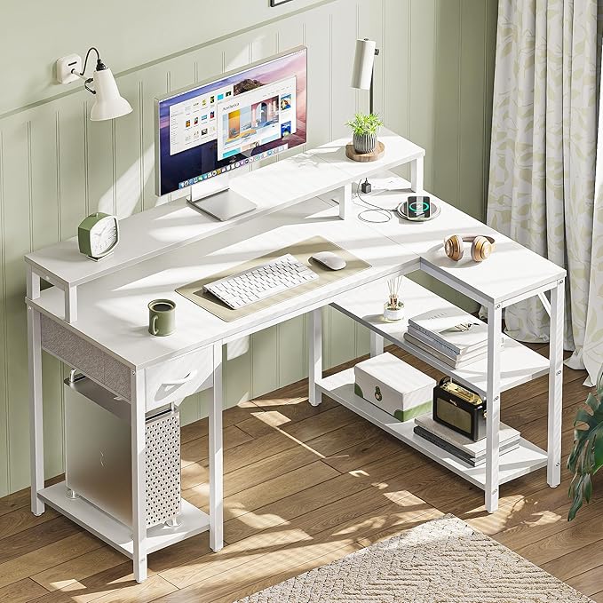 SUPERJARE 47 inch Reversible L Shaped Desk with LED Lights & Power Outlets, Computer Desk with Shelves & Monitor Stand, Gaming Desk with Drawer, Home Office Desk Corner Desk, PU White Drawer - LeafyLoom