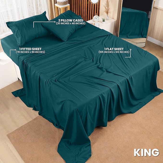 Utopia Bedding King Bed Sheets Set - 4 Piece Bedding - Brushed Microfiber - Shrinkage and Fade Resistant - Easy Care (King, Teal) - LeafyLoom