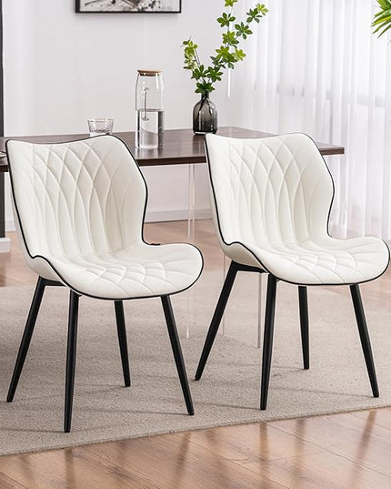 YOUNIKE Dining Chairs Set of 2, Upholstered Faux Leather Dining Room Chairs, Modern Living Room Bedroom Side Chairs with Wide Curved Back and Adjustable Metal Legs, Kitchen Chairs White - LeafyLoom