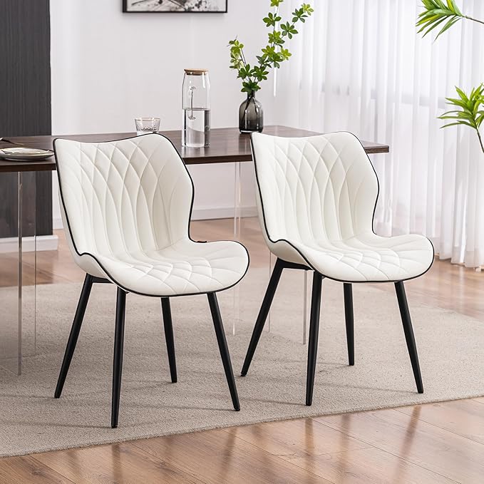 YOUNIKE Dining Chairs Set of 2, Upholstered Faux Leather Dining Room Chairs, Modern Living Room Bedroom Side Chairs with Wide Curved Back and Adjustable Metal Legs, Kitchen Chairs White - LeafyLoom