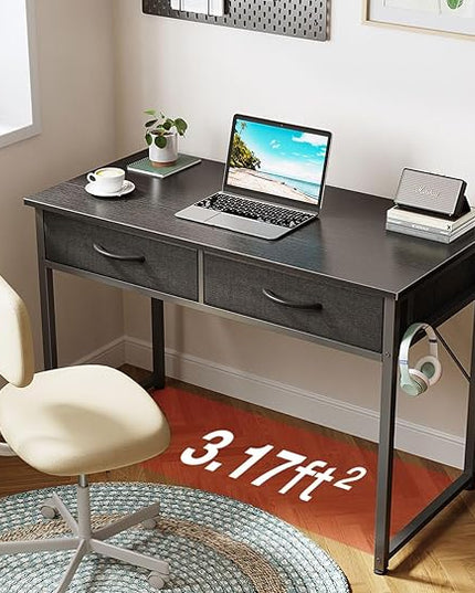 ODK 40 Inch Small Desk with Fabric Drawers- for Bedroom, Black Study Desk with Storage, Home Office Computer Desk for Small Spaces, Modern Work Writing Kids Table, Black - LeafyLoom