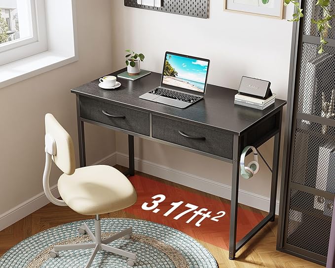 ODK 40 Inch Small Desk with Fabric Drawers- for Bedroom, Black Study Desk with Storage, Home Office Computer Desk for Small Spaces, Modern Work Writing Kids Table, Black - LeafyLoom
