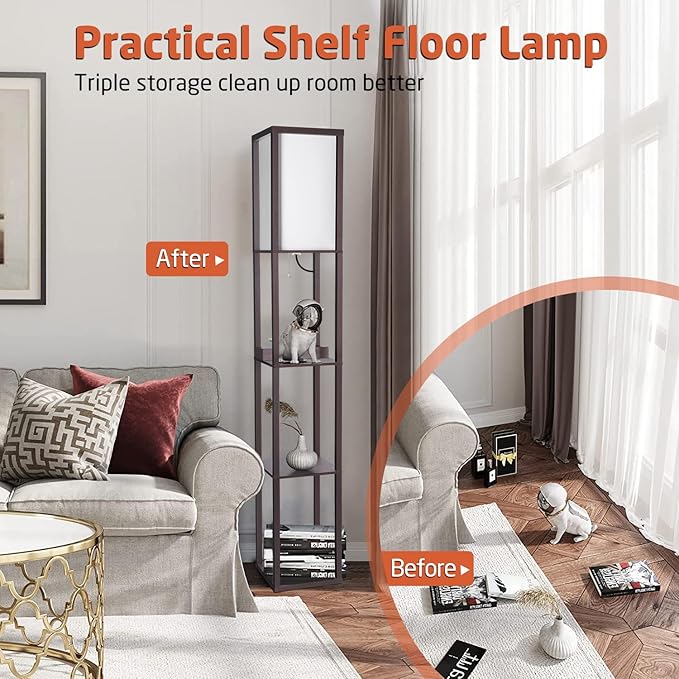 Floor Lamp with Wireless Charger, Modern Shelves Floor Lamp with USB A+C Ports & 2 AC Outlets,3 Color Temperature Corner Floor Lamps for Living Room Bedroom Office - LeafyLoom