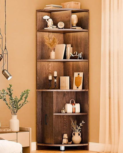 6 Tier Corner Shelf with Drawer, Corner Bookshelf and Corner Bookcase Corner Display Storage Cabinet Stand for Living Room, Bedroom, Office, Small Space, Black Walnut - LeafyLoom