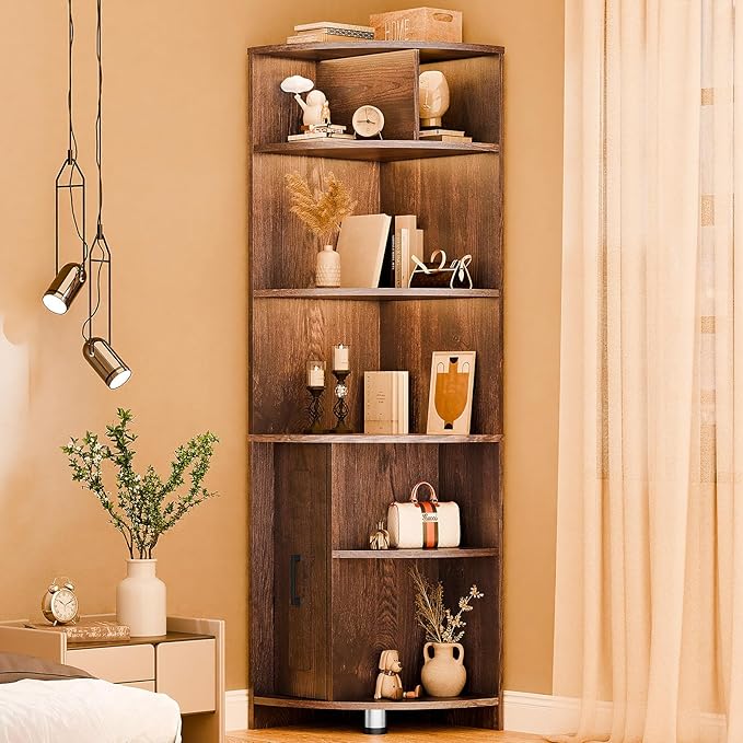 6 Tier Corner Shelf with Drawer, Corner Bookshelf and Corner Bookcase Corner Display Storage Cabinet Stand for Living Room, Bedroom, Office, Small Space, Black Walnut - LeafyLoom