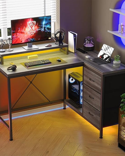 L Shaped Desk with Power Outlets & LED Lights, Computer Desk with Drawers & Shelves, Corner Desk Gaming Desk Home Office Desk, Oak - LeafyLoom