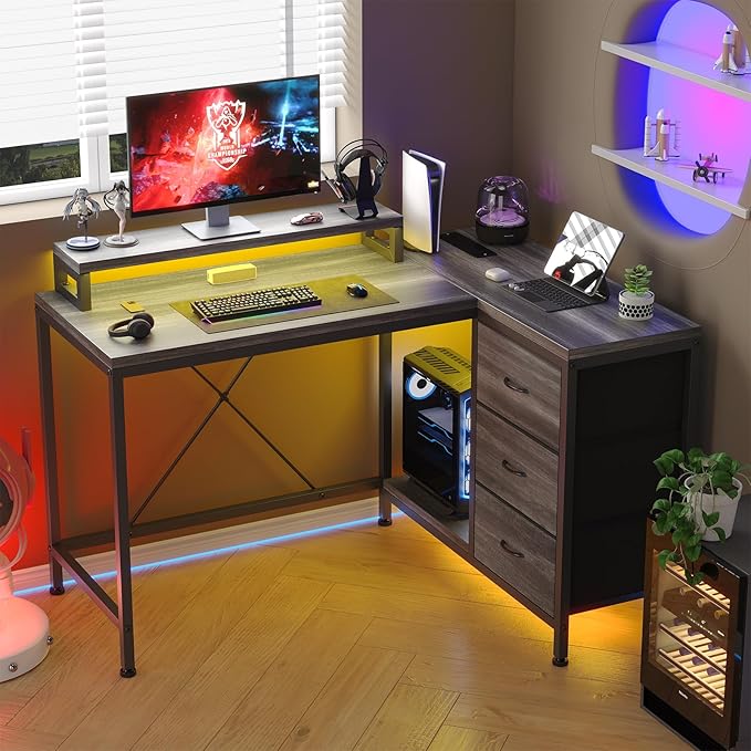 L Shaped Desk with Power Outlets & LED Lights, Computer Desk with Drawers & Shelves, Corner Desk Gaming Desk Home Office Desk, Oak - LeafyLoom