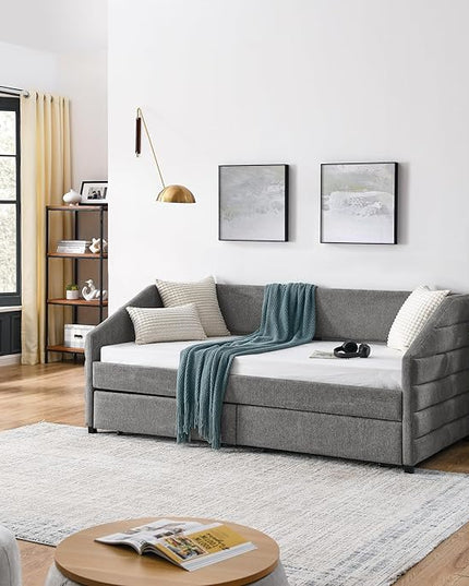 Linen Upholstered Twin Size Daybed with Two Storage Trundle Drawers, Solid Wood Tufted Sofa Bed Frame for Bedroom, Guest Room, Dorm, No Box Spring Needed, Space-Saving Design, Grey - LeafyLoom