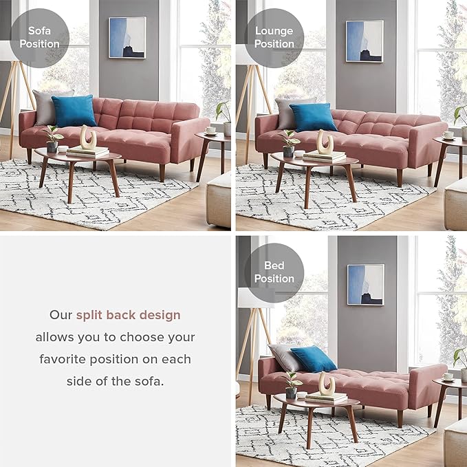 mopio Aaron Couch, Small Sofa, Futon, Sofa Bed, Sleeper Sofa, Loveseat, Mid Century Modern Futon Couch, Sofa Cama, Couches for Living Room, Bedroom (Old Rosa, Velvet) - LeafyLoom