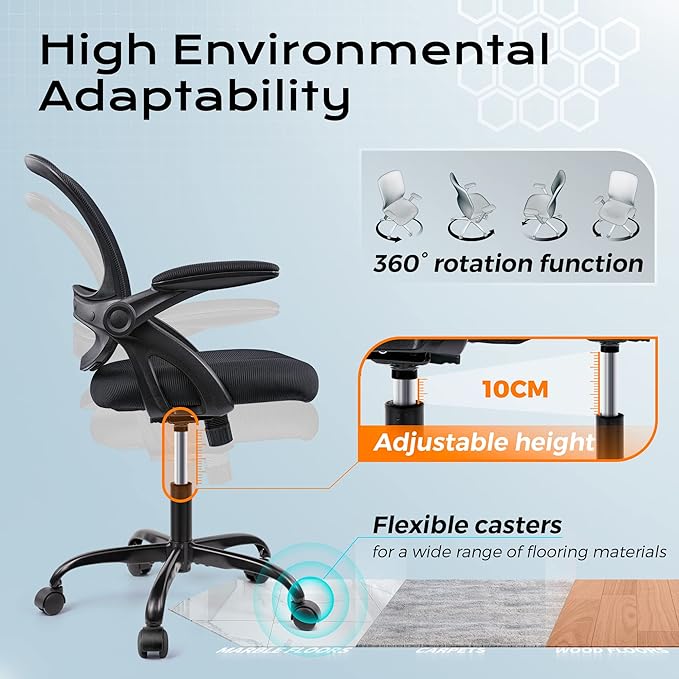 KERDOM Office Chair, Ergonomic Desk Chair, Mesh Computer Chair Height Adjustable, Comfy Swivel Task Chair with Wheels and Flip-up Arms - LeafyLoom