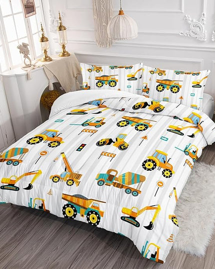 Axolotl Yellow Excavator Comforter Set Queen Size,Cartoon Excavator Bedding Set,Kids Machinery Truck Comforte Set,White Stripe Bedding Vehicle Car Decor for Kids Boys Teens,1 Quilt 2 Pillowcases - LeafyLoom