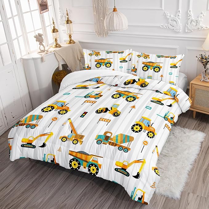 Axolotl Yellow Excavator Comforter Set Queen Size,Cartoon Excavator Bedding Set,Kids Machinery Truck Comforte Set,White Stripe Bedding Vehicle Car Decor for Kids Boys Teens,1 Quilt 2 Pillowcases - LeafyLoom