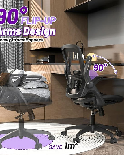 Ergonomic Mesh Seat Home Office Computer Desk Chair Height Adjustable Lumbar Support with Flip Up Arms Swivel Wheels for Adult, black - LeafyLoom